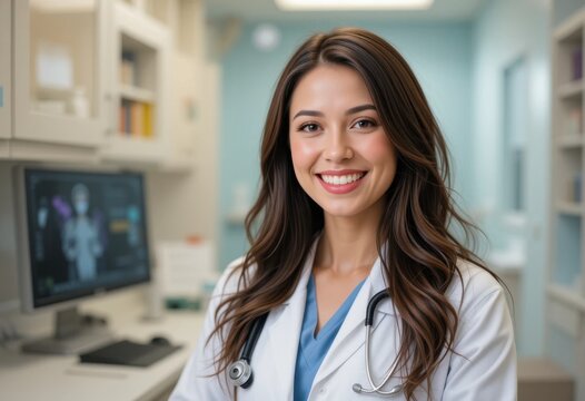 Una doctora amable posa en un consultorio luminoso. Profesional de la salud, confiable y compasiva, para familias y ni&ntilde;os