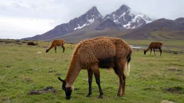 The guanaco (Lama guanicoe) grazing in Torres del Paine national park, southern Chilean Patagonia.
