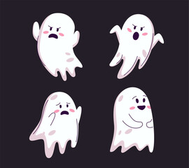 Set of cute funny happy ghosts. Childish spooky boo characters for kids. Magic scary spirits with different emotions