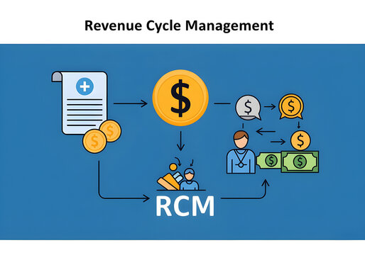 Revenue cycle management (RCM) diagram: healthcare billing, payment processing, financial flow, and revenue generation.