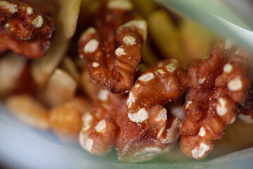 Close up of nuts texture. Rancid nuts will also have a soft texture and if you accidentally eat one, a bitter and sour taste