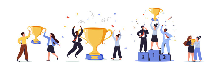 Set of happy competition champions holding golden cups and standing on pedestal vector. Success of male, female and dog