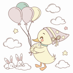 Playful Shy Duck design, styled with hugging a pillow and Soft Pastel shades in a Soft pastel setting