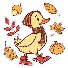 Charming SVG of a Cheerful Duck featuring with a scarf, styled in a Autumn theme with Autumn Leaves hues