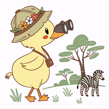 Naklejki Cheerful Duck with with a flower crown, set in a charming Safari Adventure theme – Savannah Heat color vector art