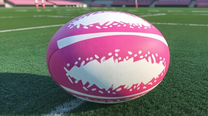 Pink Rugby Ball on Grass Field Stadium Background
