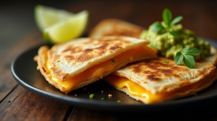 Golden cheese quesadilla served with fresh guacamole and lime wedges. A delicious Mexican-inspired comfort food close-up.