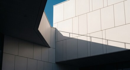 Obraz premium Abstract view of modern architecture with white panels and shadows under a clear blue sky day light