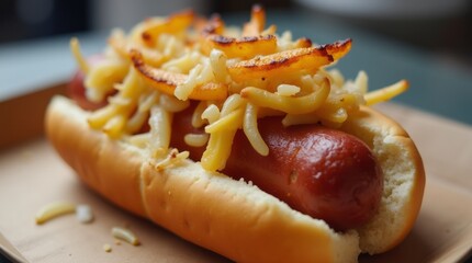 Juicy hot dog in a soft bun, topped with creamy mac and cheese and crispy golden fries — classic American street food comfort.