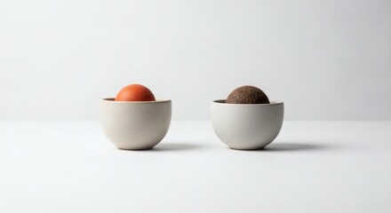 Two small bowls each holding a single round object on a plain white surface in a studio setting
