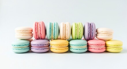 Obraz premium Assortment of colorful macarons stacked in two rows on a white surface with a bright and clean background