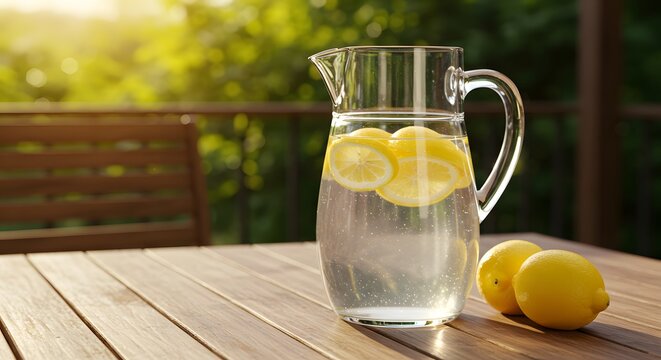 Refreshing lemon water pitcher outdoors on sunny patio table.