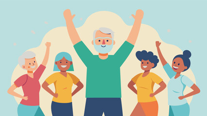 Obraz premium An elderly person participating in a group exercise class surrounded by their friends who are motivating and cheering them on. The sense of camaraderie and teamwork boosting their. Vector illustration