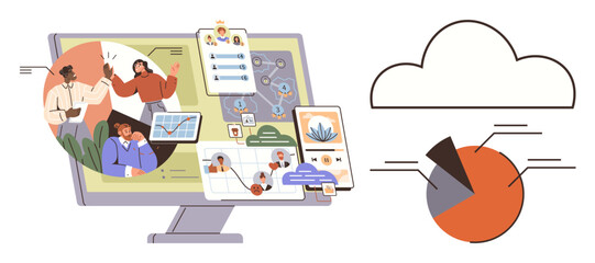 Computer screen displaying team collaboration, task planning, and charts alongside a cloud and pie chart. Ideal for teamwork, remote work, digital data, cloud solutions, project management
