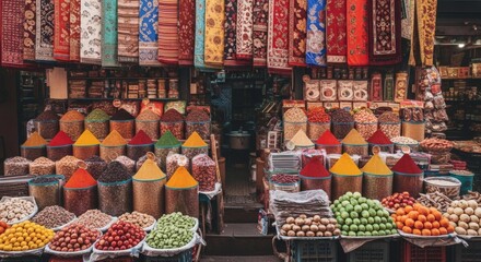 Fototapeta premium View of a spice market stall with colorful spices and dried fruits under hanging textiles at a bazaar
