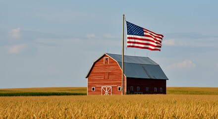 Rural Red Barn with National Flag in Golden Wheat Field