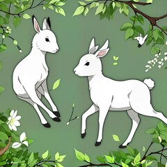 A digital illustration shoot from a bird's eye view about two white deer with black ears, surrounded by green leaves and flowers on a light green background. the image also shows a serene and peaceful