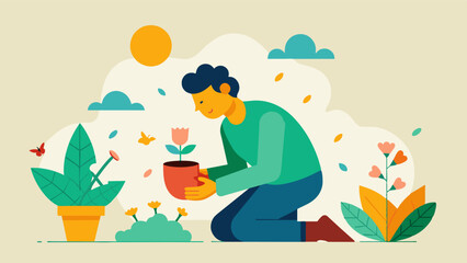 Fototapeta premium Illustration of a person gardening with sensory details like the smell of flowers the sound of birds and the feel of soil on their hands.. Vector illustration
