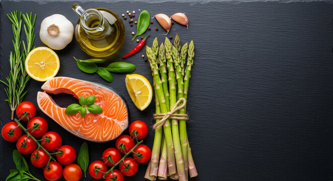 Fresh Salmon and Vegetables Flat Lay: Top-down flat lay of fresh ingredients for a healthy meal. Raw salmon fillet with asparagus, tomatoes, and herbs on a dark slate background. Represents healthy ea