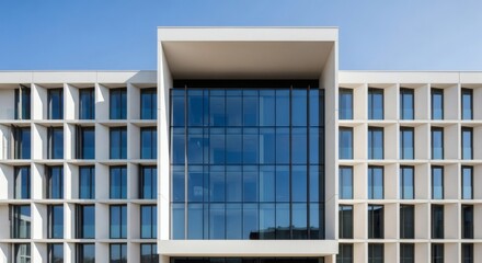 Obraz premium View of a modern white building with a large glass facade and symmetrical window arrangements on the sides