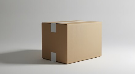A plain, brown cardboard box sealed with tape, casting a shadow on a white surface.