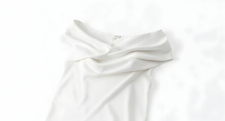 Fototapeta premium Elegant White Satin Dress with Draped Neckline on White Background