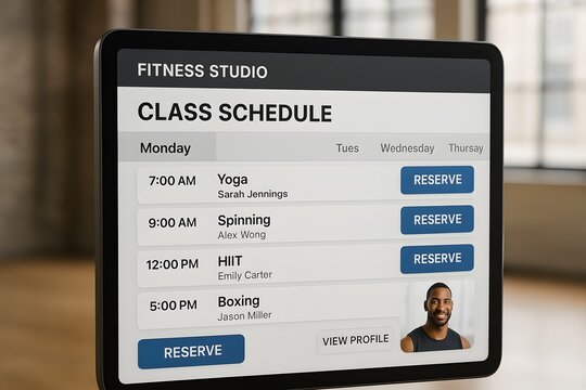 A digital class schedule for fitness studio on tablet, a modern fitness screen is in the center, it's a detail shot of the interface, with classes include Yoga, spinning, HITT, and boxing. - Powered by Adobe
