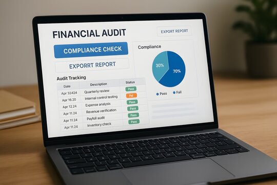 An open laptop displays a financial audit, compliance check, and data visualization on screen, providing a glimpse into the world of financial analysis.