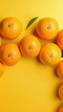 Oranges arranged as border on vibrant yellow backdrop, providing ample copy space in center, fresh citrus fruits composition