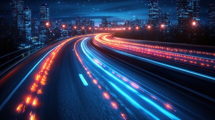 Night city highway with glowing light trails