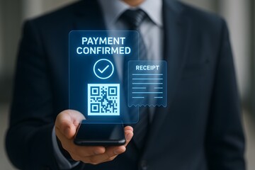 A modern businessman showcases a smartphone, digital payment and confirmation success through a contemporary interface, perfect for business and finance topics.