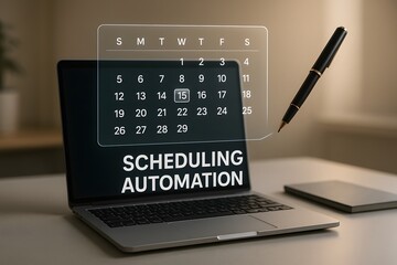 Scheduling Automation on a laptop screen, blending modern design with essential calendar planning, accented by a sleek pen.