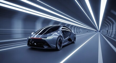 Naklejka premium Futuristic car speeding through a tunnel with bright white lights illuminating the interior space around it