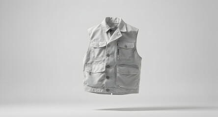 White Utility Vest with Multiple Pockets and Zippers on Light Gray Background