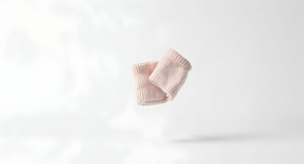 Obraz premium Pink Baby Socks Floating on White Background Soft Warm Child Footwear