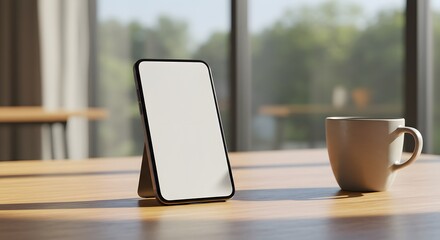 Smartphone with a blank white screen stands on a wooden table next to a beige mug, with a blurred window background.
