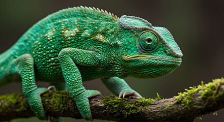 Obraz premium Vibrant Green Chameleon Perched on Mossy Branch in Natural Habitat, Close-Up Detail of Scales and Unique Eye