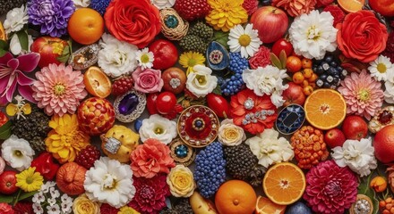 A vibrant assortment of flowers fruits and jeweled brooches arranged in a colorful flat lay display