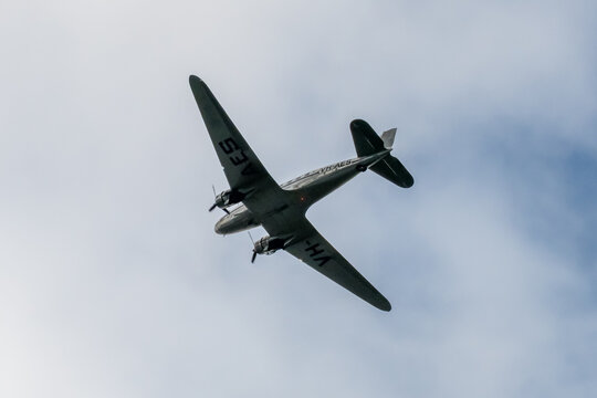 The restored Douglas DC-3/C-47 VH-AES &lsquo;Hawdon&rsquo; in flight