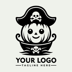 A smiling pumpkin pirate captain in a tiny boat, logo design.