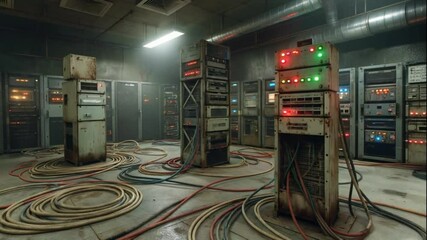 A dark server room with blinking lights from outdated network towers, old cables coiled on the floor, and a humming ambient light
- Powered by Adobe