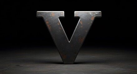 Rustic metal letter V, dark background, industrial aesthetic.