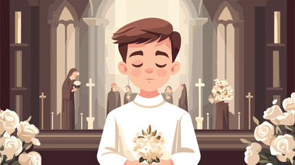 First Communion Boy Card Flat Vector Illustration