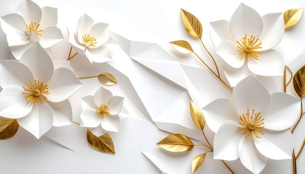 Sculptural floral wallpaper with layered white petals and golden stems