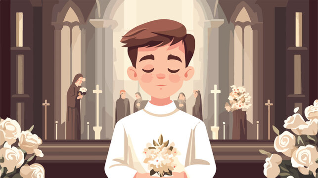 First Communion Boy Card Flat Vector Illustration