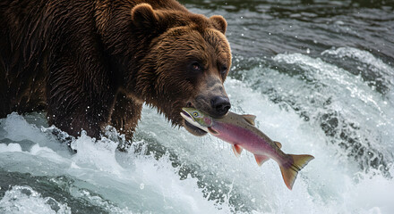 Fototapeta premium Powerful Brown Bear Catches Fresh Salmon Mid-Air in Rushing River Waters, Wildlife Hunting Scene