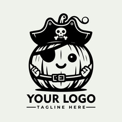 Cartoon pumpkin character wearing a pirate hat and eye patch, with a belt, and smiling.