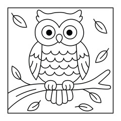 Woodland Owl with Leaves – Printable Autumn Animal Coloring Page