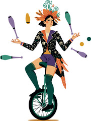 Female juggler on unicycle with colorful clubs in dynamic performance art vector illustration  © PixelPaletteArt
