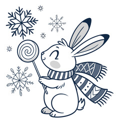 Delightful Funny Bunny in a Cozy winter scene with holding a lollipop – Frosty Winter vector illustration